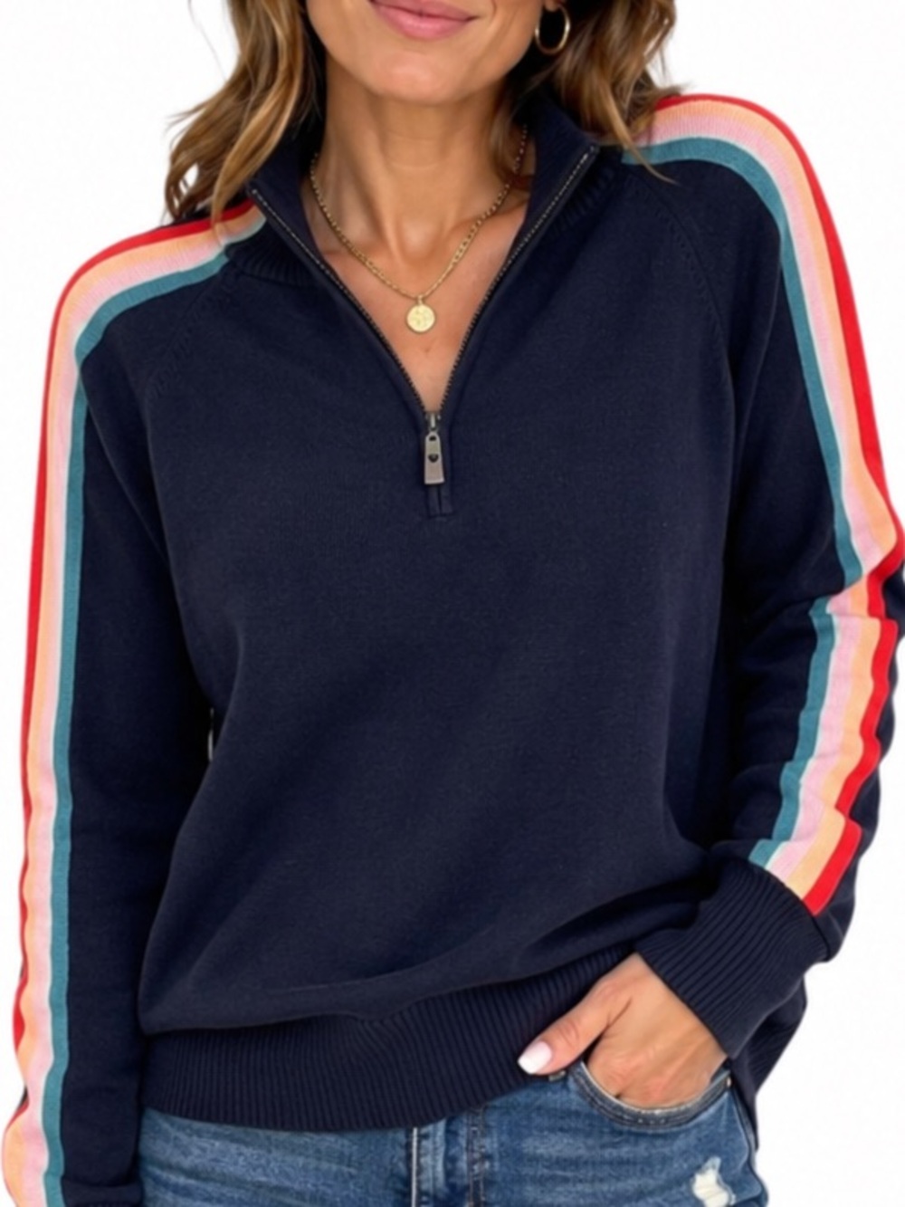 Kim Gravel Belle Navy Rainbow Stripe Quarter Zip Sweater Pullover Size M